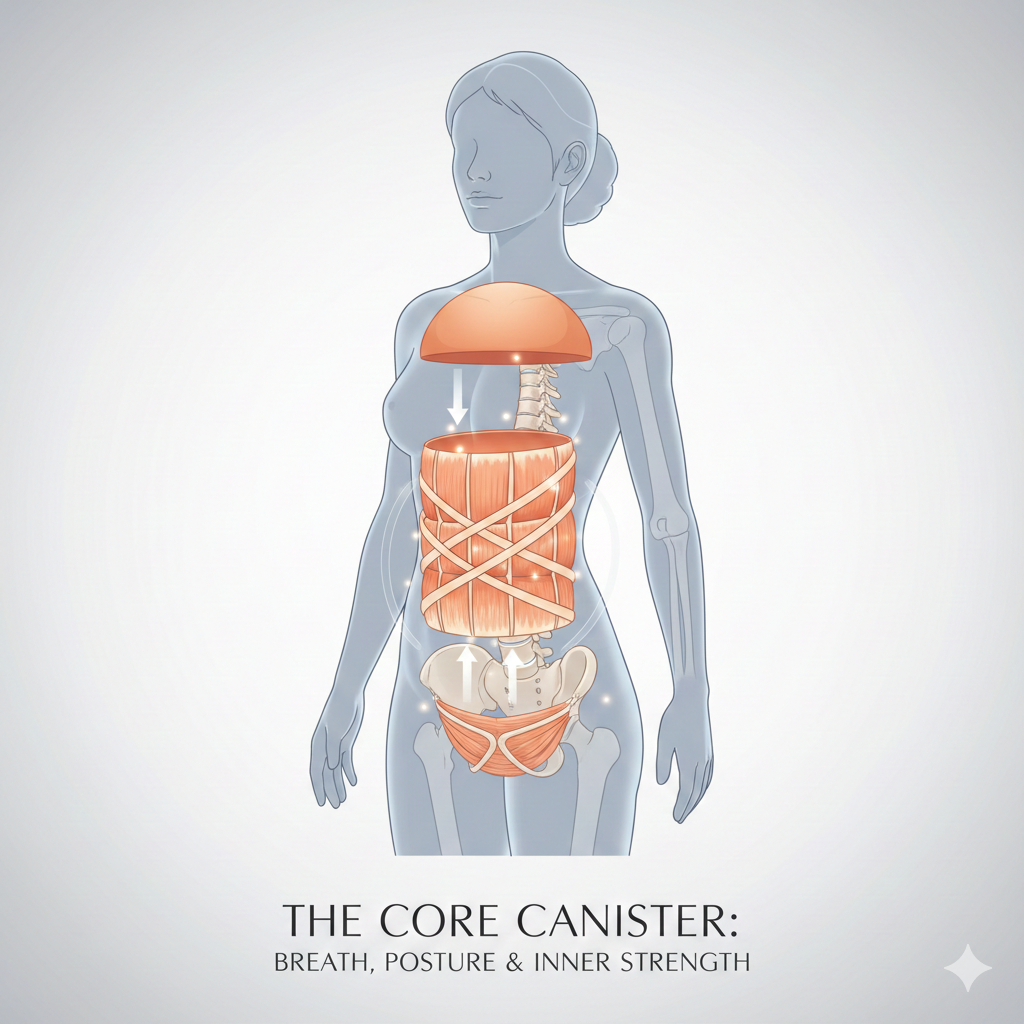 Anatomical diagram of the female core canister showing how posture and breath align the diaphragm with the pelvic floor muscles.