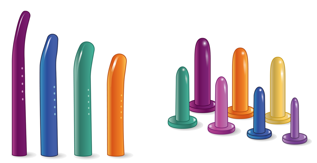 Dilator sets of different sizes and shapes to help women with pelvic floor problems