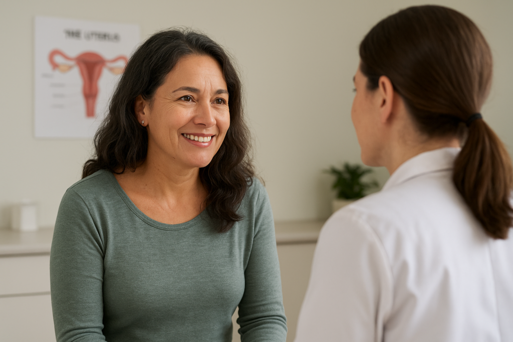 A woman in her 40 consulting her doctor on hormone therapy and pessary management